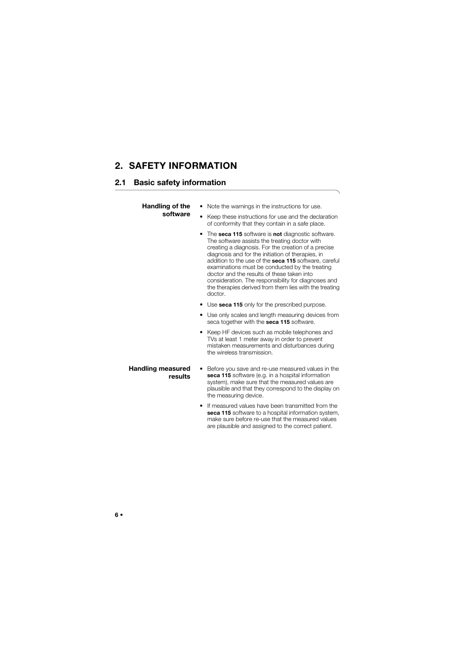 Safety information, 1 basic safety information, Handling of the software | Handling measured results, Handling of the software handling measured results | Seca Analitics 115 User Manual | Page 6 / 77