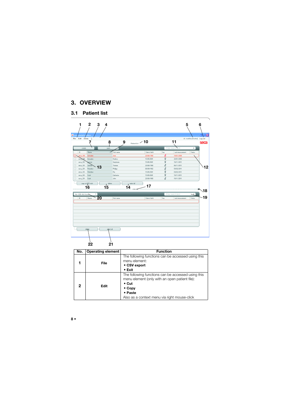 Overview, 1 patient list | Seca Analitics 115 User Manual | Page 8 / 77