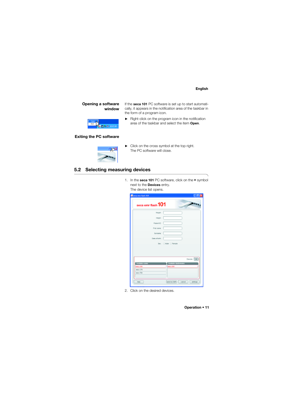 Opening a software window, Exiting the pc software, 2 selecting measuring devices | Opening a software window exiting the pc software | Seca EMR Flash 101 User Manual | Page 11 / 25