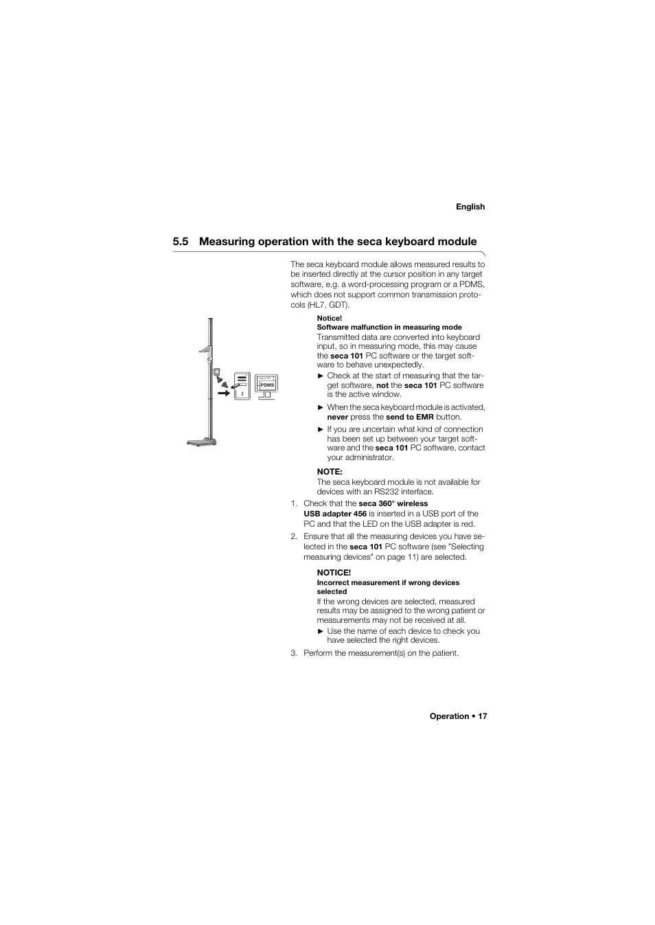 5 measuring operation with the, Seca keyboard module, Measuring operation with the seca keyboard | Seca EMR Flash 101 User Manual | Page 17 / 25