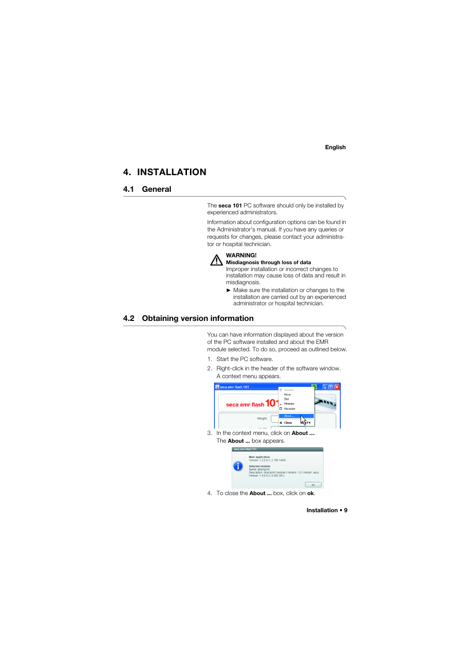 Installation, 1 general, 2 obtaining version information | 1 general 4.2 obtaining version information | Seca EMR Flash 101 User Manual | Page 9 / 25