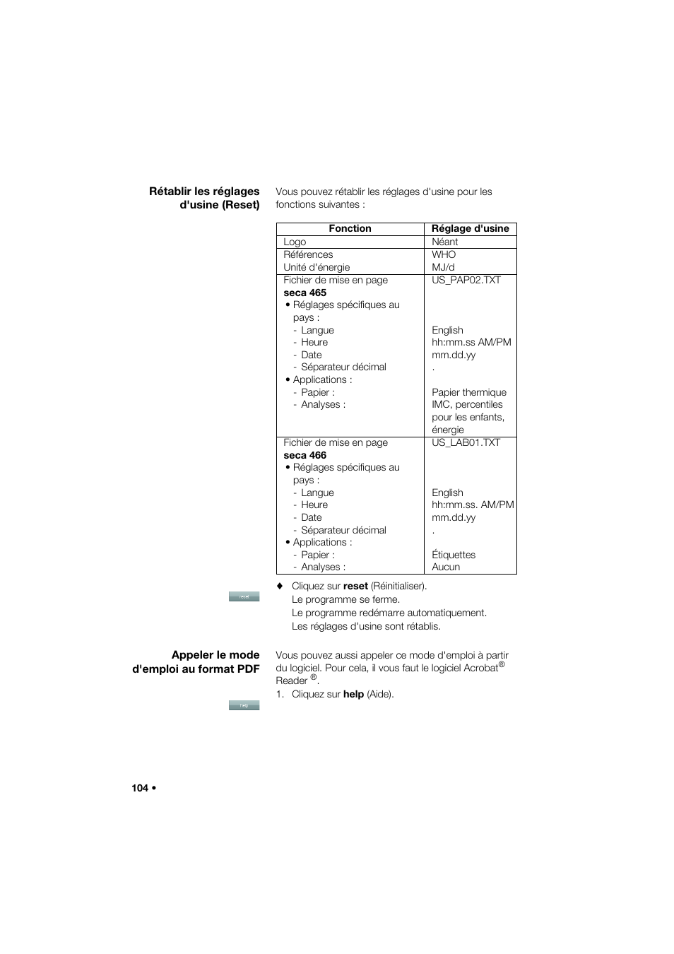 Rétablir les réglages d'usine (reset), Appeler le mode d'emploi au format pdf | Seca 466 User Manual | Page 104 / 268