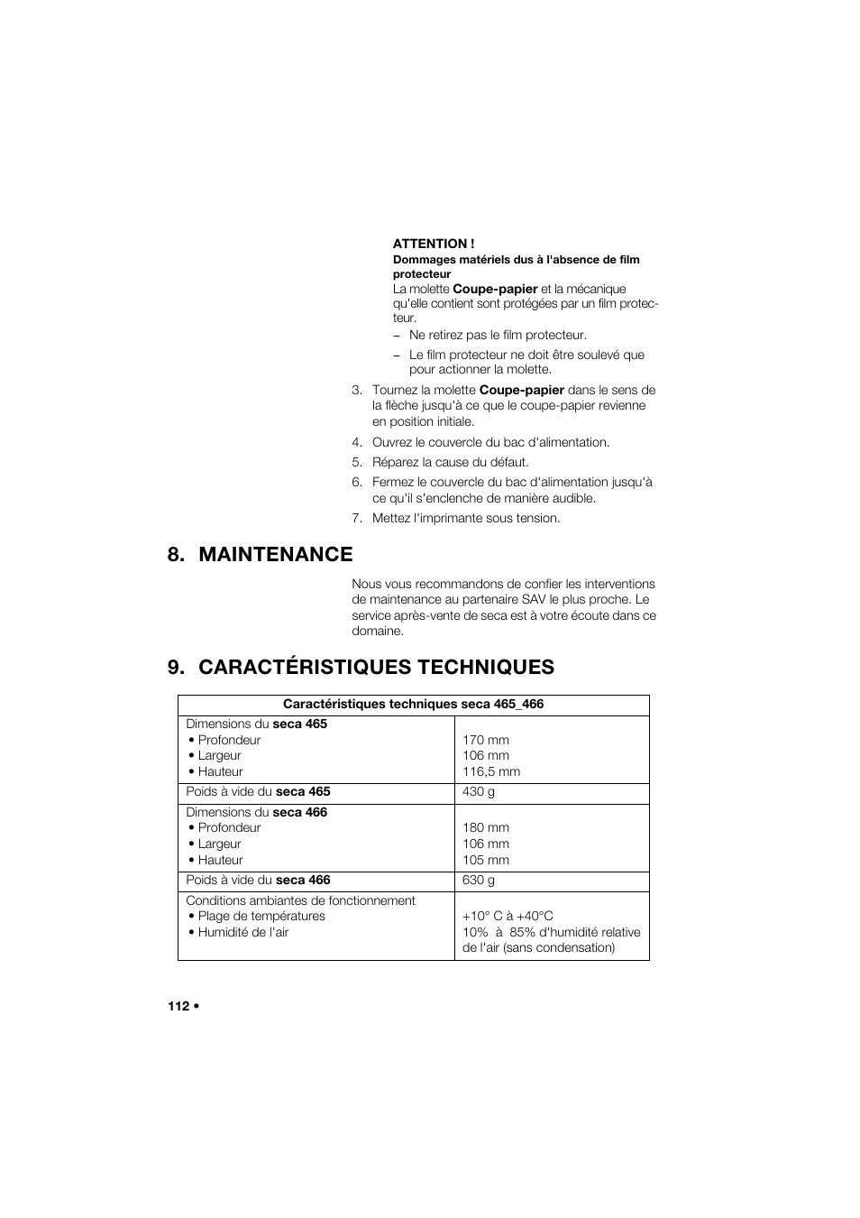 Maintenance, Caractéristiques techniques | Seca 466 User Manual | Page 112 / 268