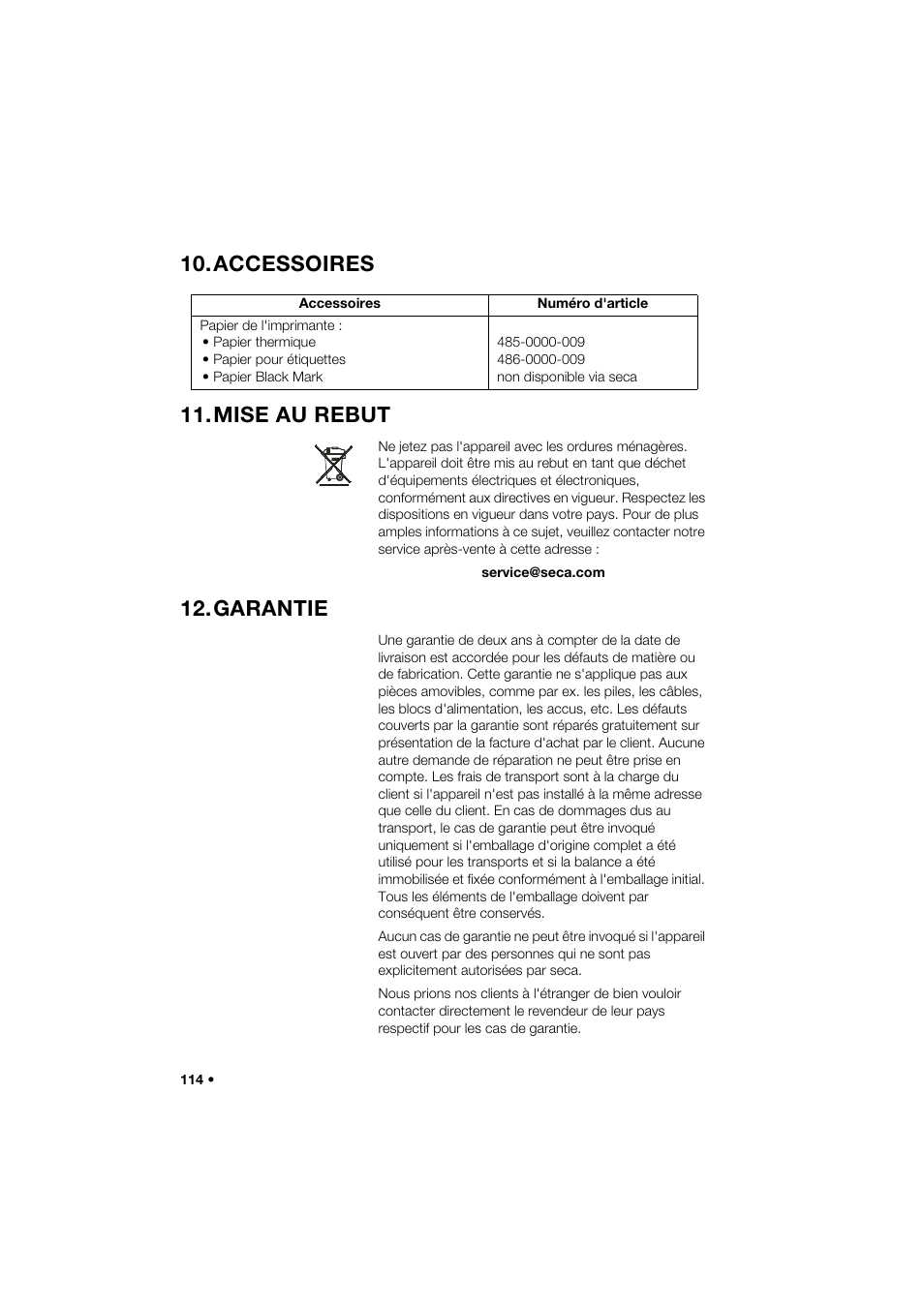 Accessoires, Mise au rebut, Garantie | Accessoires 11.mise au rebut | Seca 466 User Manual | Page 114 / 268