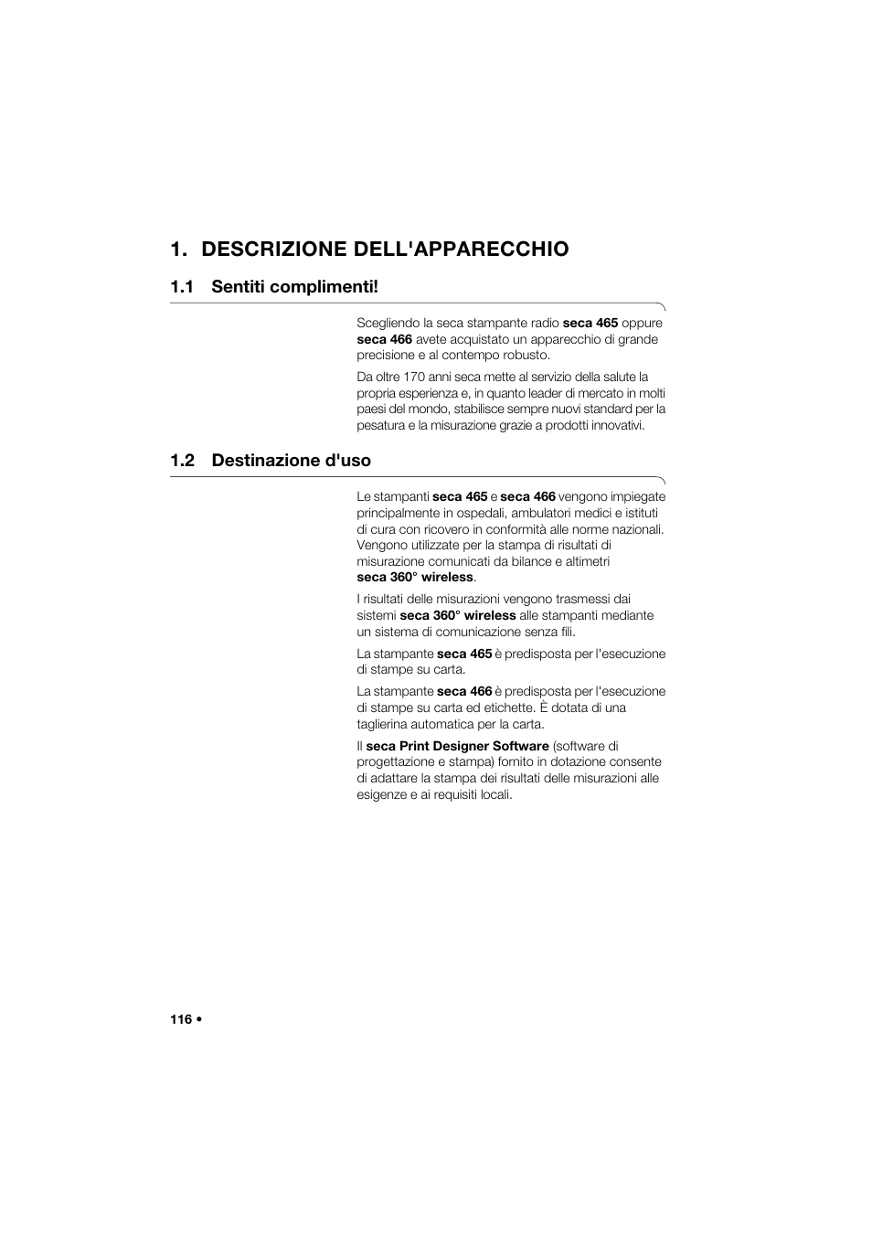 Descrizione dell'apparecchio, 1 sentiti complimenti, 2 destinazione d'uso | Seca 466 User Manual | Page 116 / 268