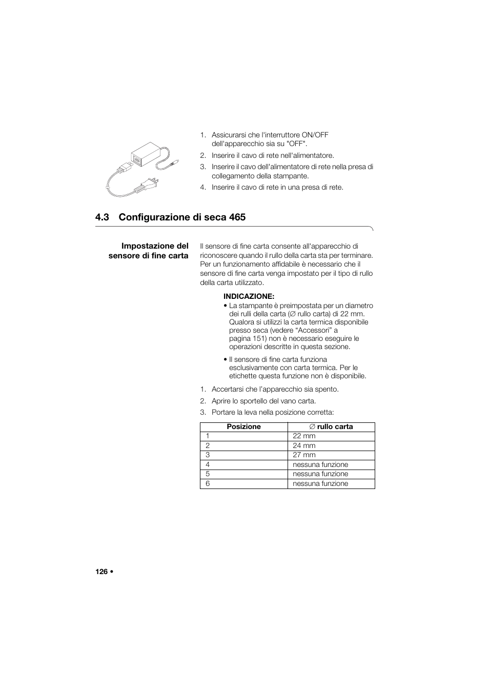 3 configurazione di seca 465, Impostazione del sensore di fine carta | Seca 466 User Manual | Page 126 / 268