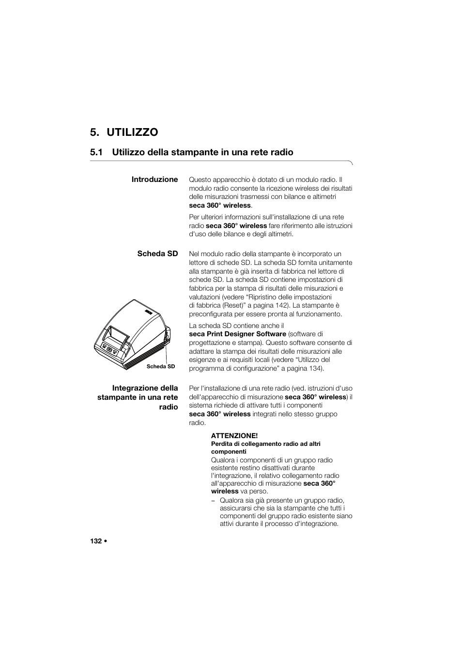 Utilizzo, 1 utilizzo della stampante in una rete radio, Introduzione | Scheda sd, Integrazione della stampante in una rete radio | Seca 466 User Manual | Page 132 / 268