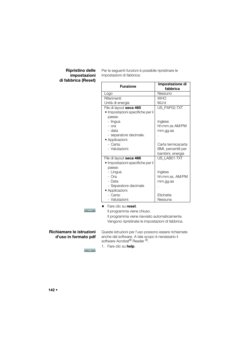 Ripristino delle impostazioni di fabbrica (reset), Richiamare le istruzioni d'uso in formato pdf | Seca 466 User Manual | Page 142 / 268