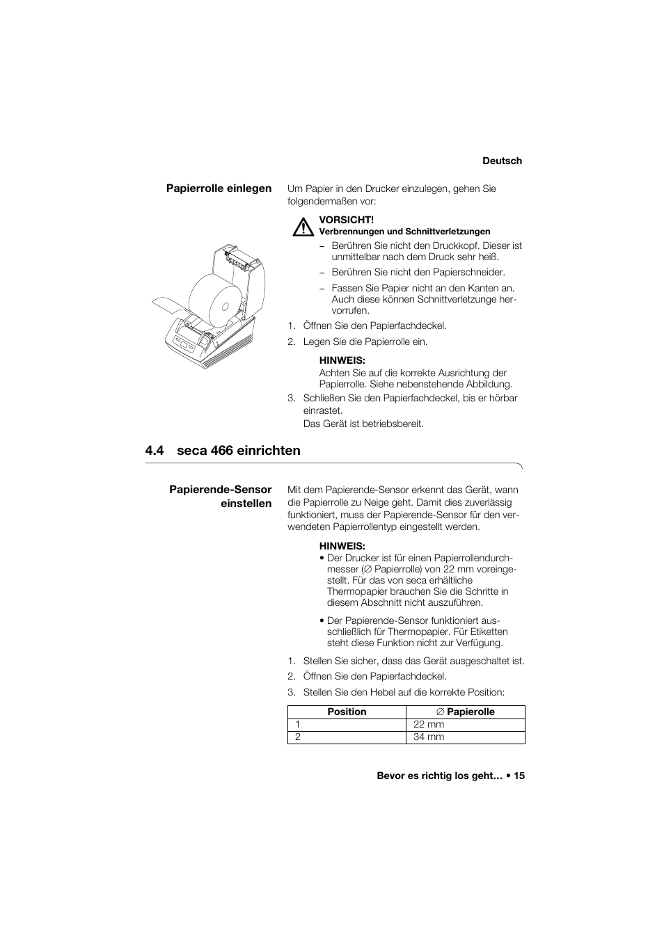 Papierrolle einlegen, 4 seca 466 einrichten, Papierende-sensor einstellen | Seca 466 User Manual | Page 15 / 268