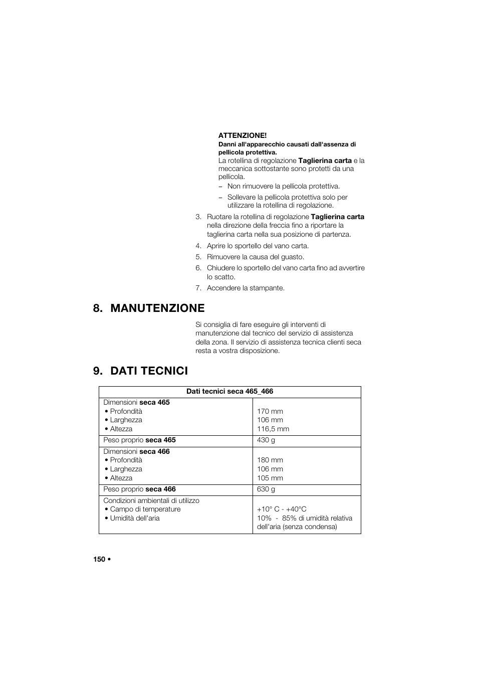 Manutenzione, Dati tecnici | Seca 466 User Manual | Page 150 / 268
