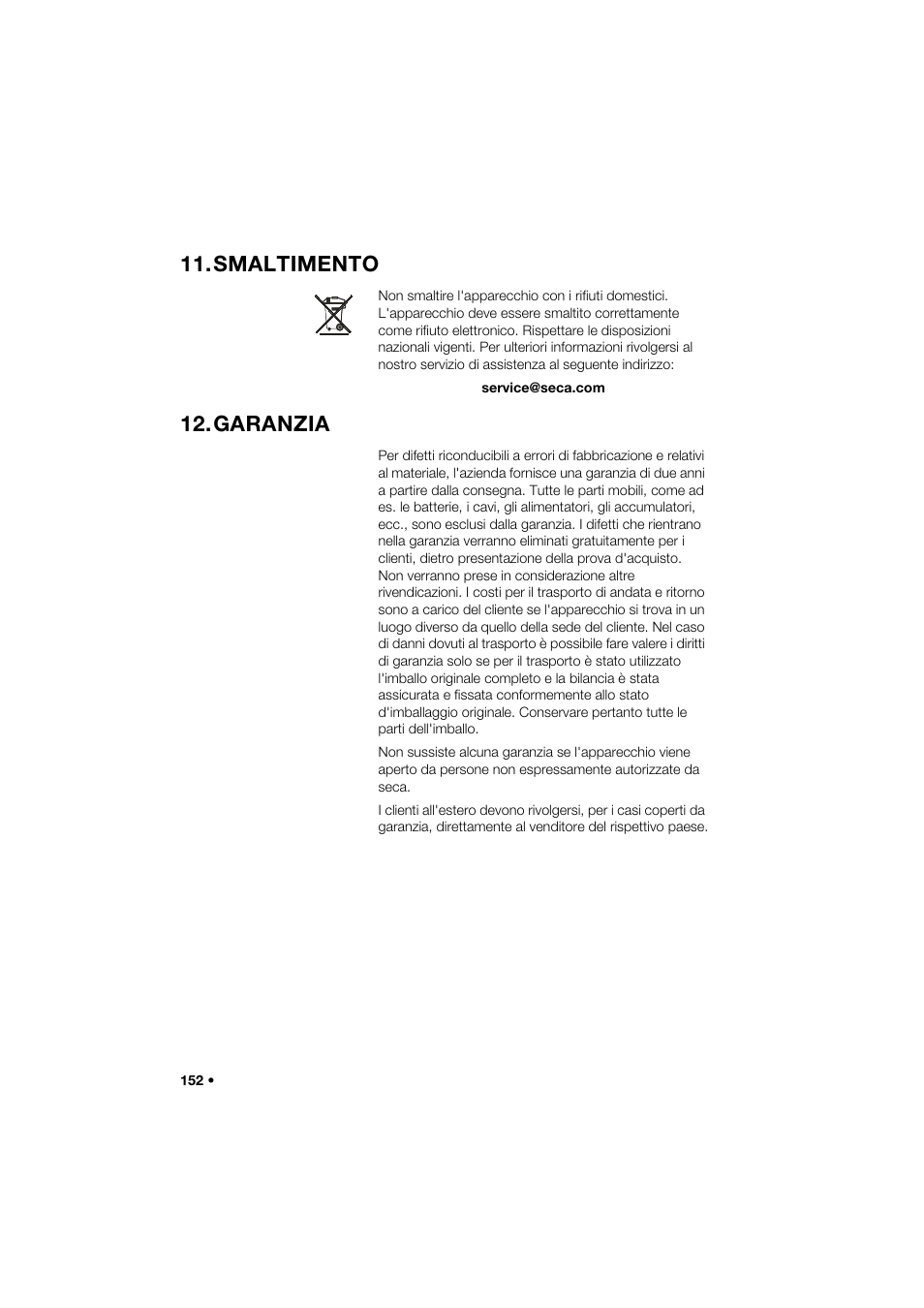 Smaltimento, Garanzia | Seca 466 User Manual | Page 152 / 268