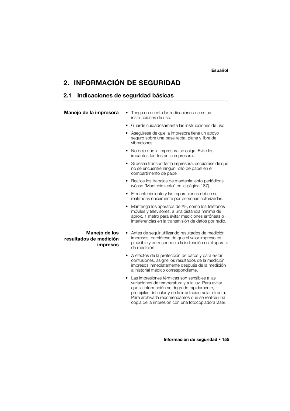 Información de seguridad, 1 indicaciones de seguridad básicas, Manejo de la impresora | Manejo de los resultados de medición impresos | Seca 466 User Manual | Page 155 / 268