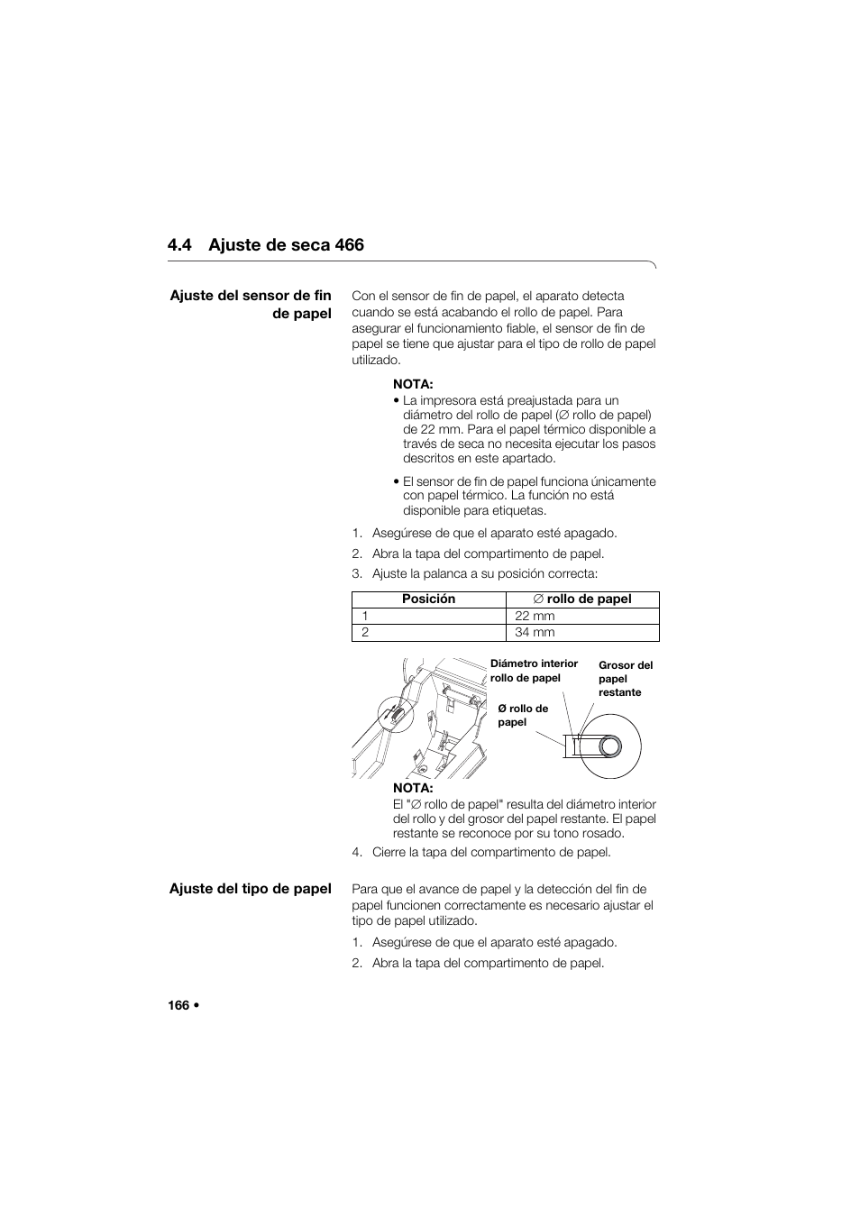 4 ajuste de seca 466, Ajuste del sensor de fin de papel, Ajuste del tipo de papel | Seca 466 User Manual | Page 166 / 268