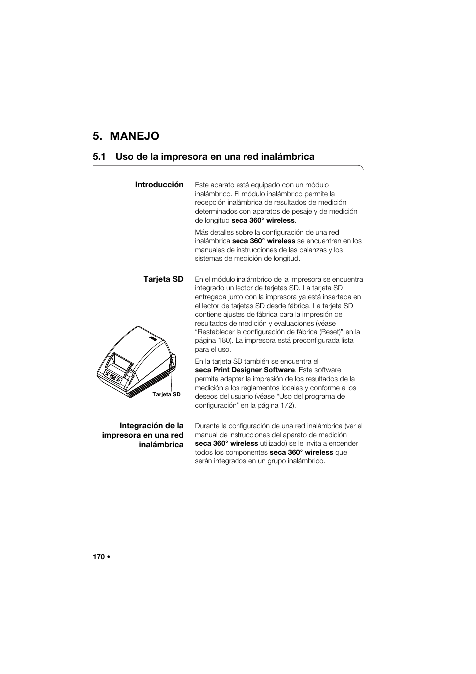 Manejo, 1 uso de la impresora en una red inalámbrica, Introducción | Tarjeta sd, Integración de la impresora en una red inalámbrica | Seca 466 User Manual | Page 170 / 268