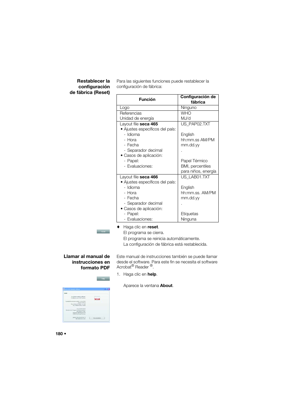 Restablecer la configuración de fábrica (reset), Llamar al manual de instrucciones en formato pdf | Seca 466 User Manual | Page 180 / 268