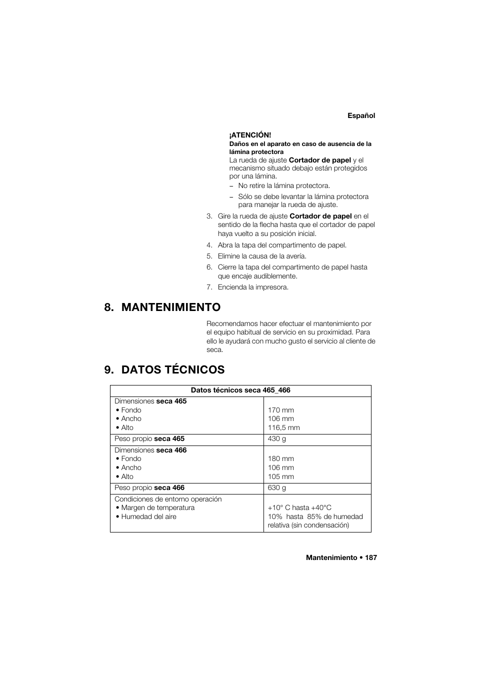 Mantenimiento, Datos técnicos | Seca 466 User Manual | Page 187 / 268