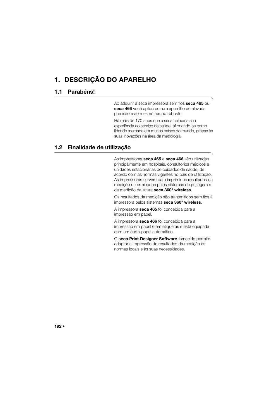 Descrição do aparelho, 1 parabéns, 2 finalidade de utilização | Seca 466 User Manual | Page 192 / 268