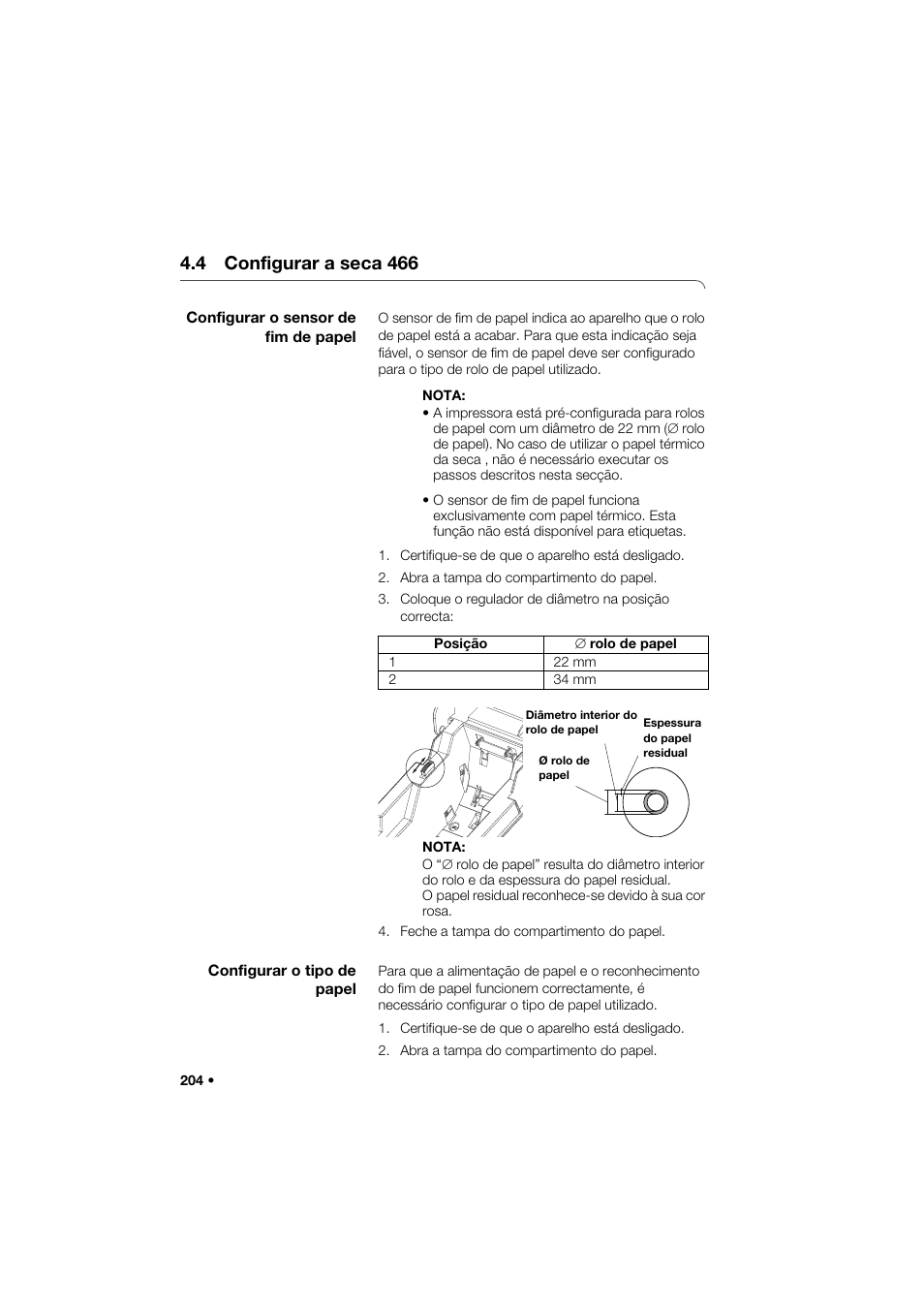 4 configurar a seca 466, Configurar o sensor de fim de papel, Configurar o tipo de papel | Seca 466 User Manual | Page 204 / 268