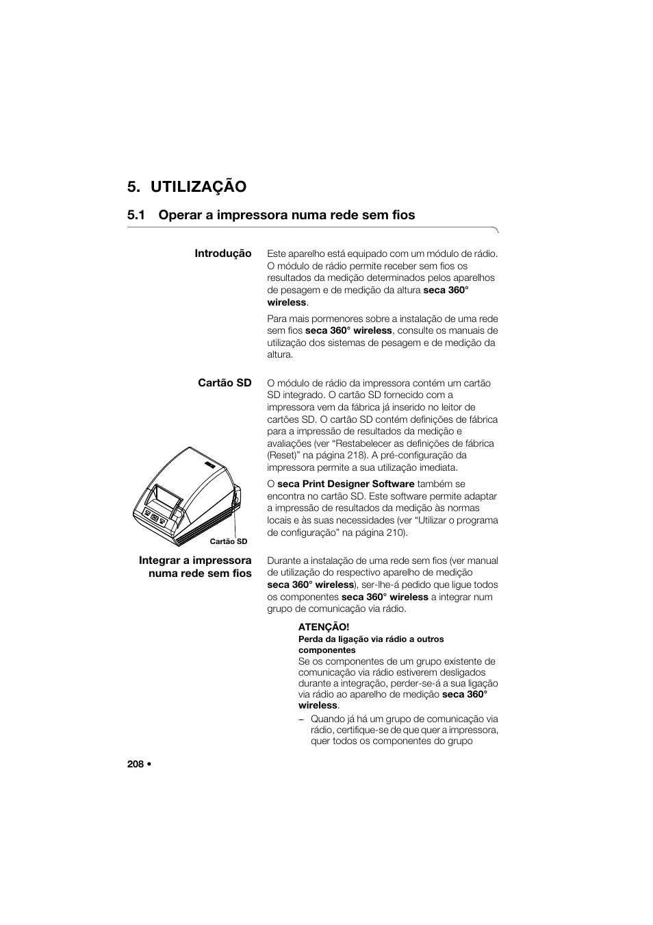 Utilização, 1 operar a impressora numa rede sem fios, Introdução | Cartão sd, Integrar a impressora numa rede sem fios | Seca 466 User Manual | Page 208 / 268