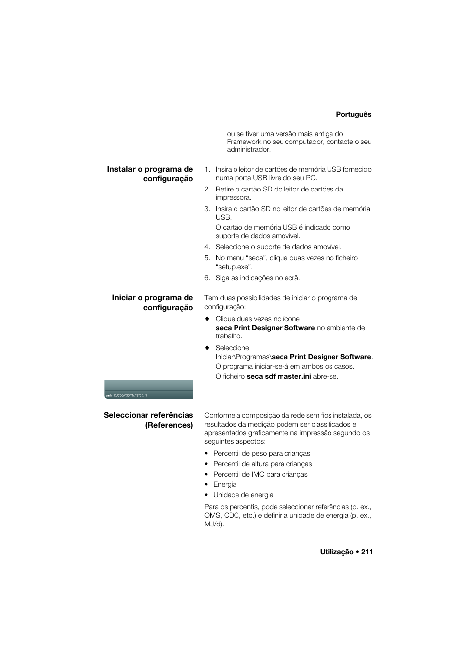 Instalar o programa de configuração, Iniciar o programa de configuração, Seleccionar referências (references) | Seca 466 User Manual | Page 211 / 268