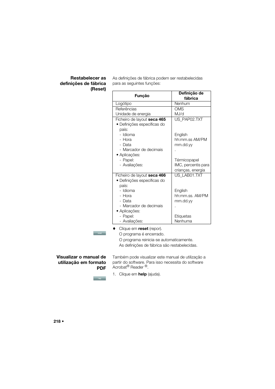 Restabelecer as definições de fábrica (reset), Visualizar o manual de utilização em formato pdf | Seca 466 User Manual | Page 218 / 268