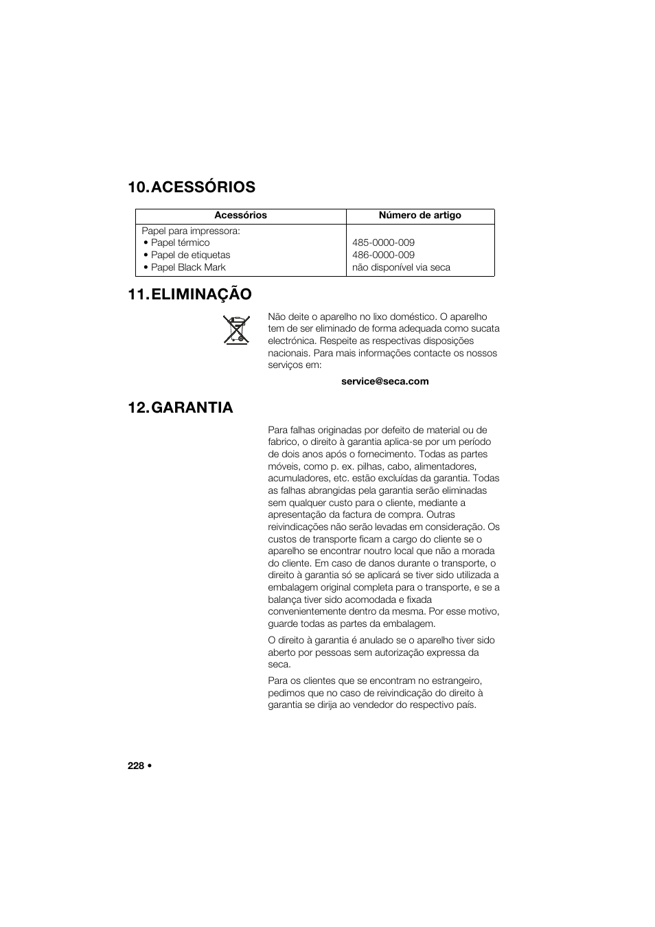 Acessórios, Eliminação, Garantia | Acessórios 11.eliminação | Seca 466 User Manual | Page 228 / 268