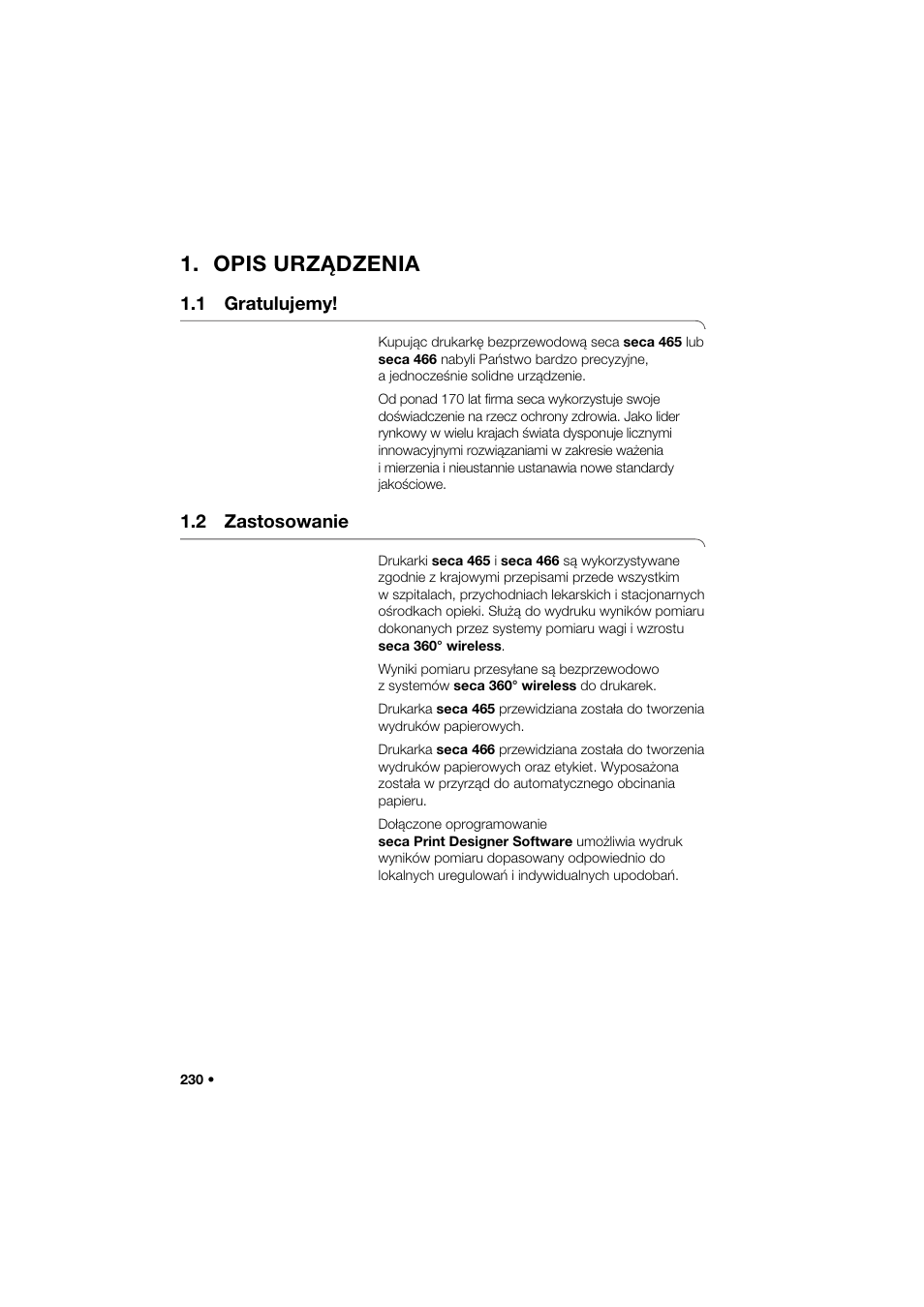 Opis urządzenia, 1 gratulujemy, 2 zastosowanie | Seca 466 User Manual | Page 230 / 268