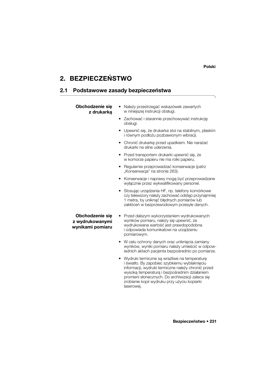 Bezpieczeństwo, 1 podstawowe zasady bezpieczeństwa, Obchodzenie się z drukarką | Obchodzenie się z wydrukowanymi wynikami pomiaru | Seca 466 User Manual | Page 231 / 268