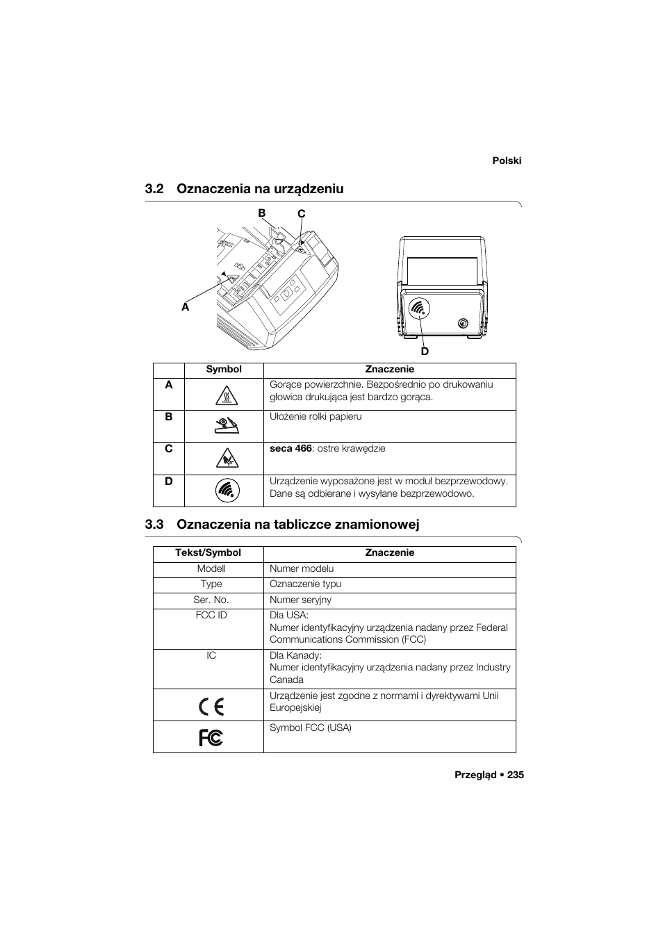 2 oznaczenia na urządzeniu, 3 oznaczenia na tabliczce znamionowej | Seca 466 User Manual | Page 235 / 268