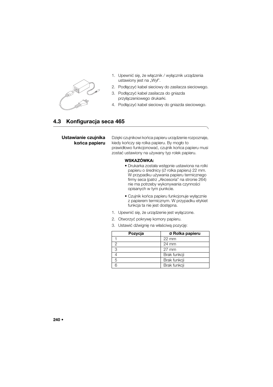 3 konfiguracja seca 465, Ustawianie czujnika końca papieru | Seca 466 User Manual | Page 240 / 268