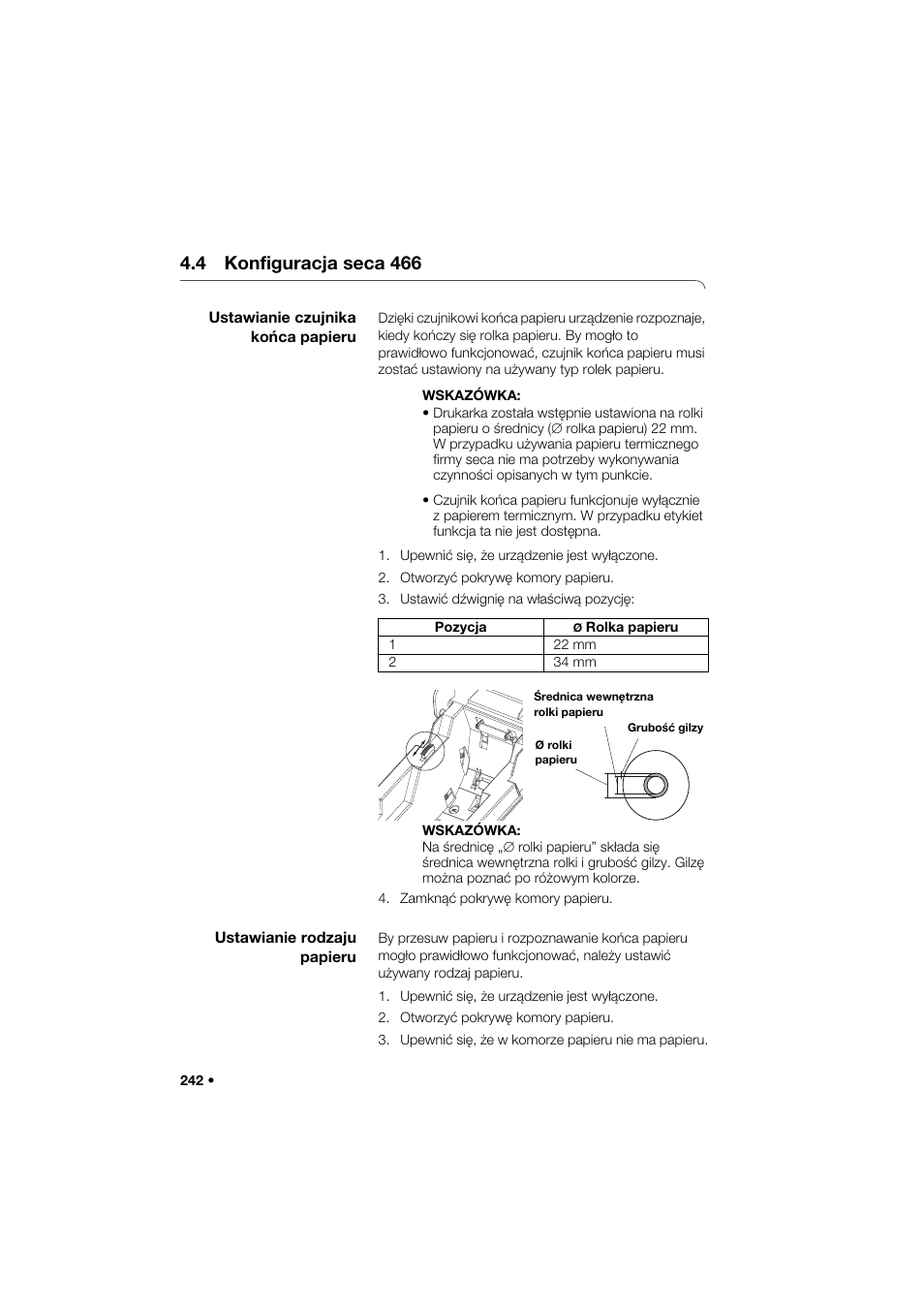4 konfiguracja seca 466, Ustawianie czujnika końca papieru, Ustawianie rodzaju papieru | Seca 466 User Manual | Page 242 / 268