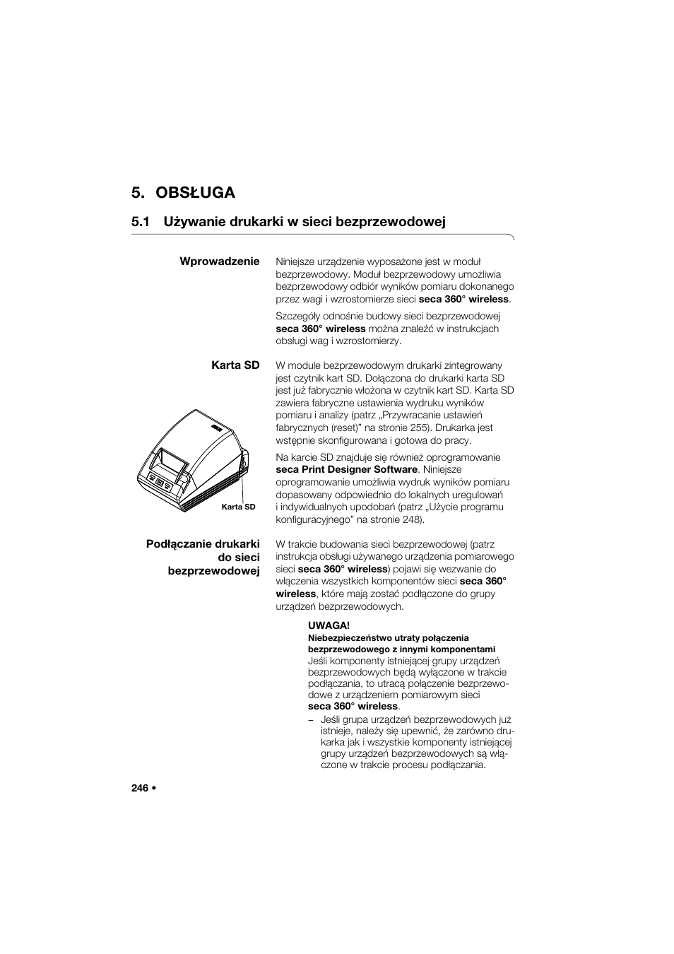 Obsługa, 1 używanie drukarki w sieci bezprzewodowej, Wprowadzenie | Karta sd, Podłączanie drukarki do sieci bezprzewodowej | Seca 466 User Manual | Page 246 / 268