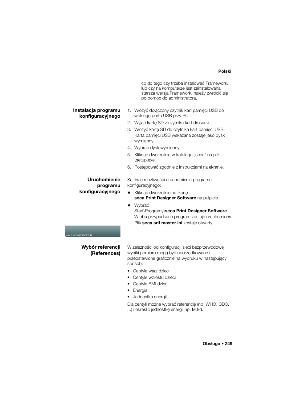 Instalacja programu konfiguracyjnego, Uruchomienie programu konfiguracyjnego, Wybór referencji (references) | Seca 466 User Manual | Page 249 / 268