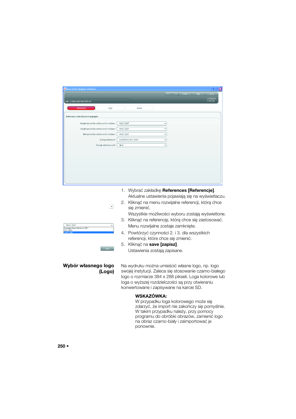 Wybór własnego logo (logo) | Seca 466 User Manual | Page 250 / 268