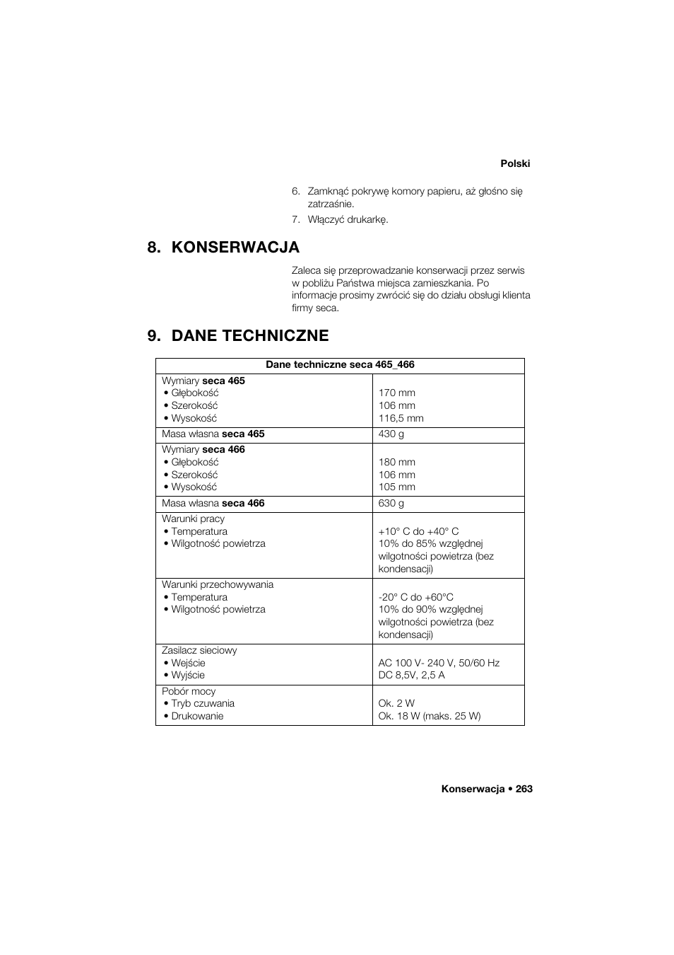Konserwacja, Dane techniczne | Seca 466 User Manual | Page 263 / 268