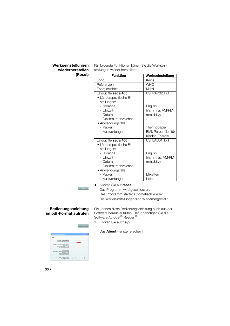 Werkseinstellungen wiederherstellen (reset), Bedienungsanleitung im pdf-format aufrufen | Seca 466 User Manual | Page 30 / 268