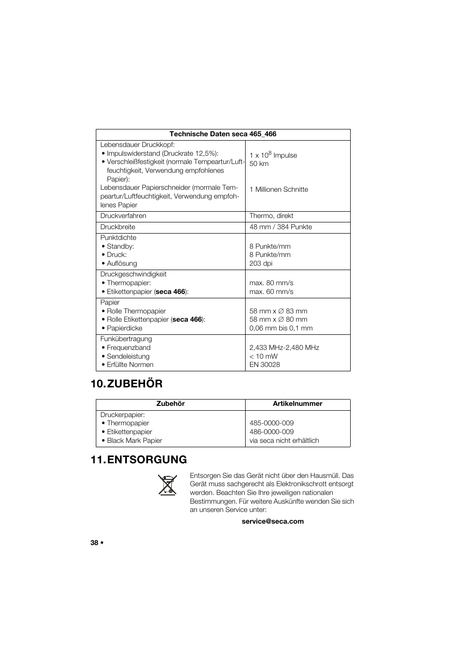 Zubehör, Entsorgung, Zubehör 11.entsorgung | Seca 466 User Manual | Page 38 / 268
