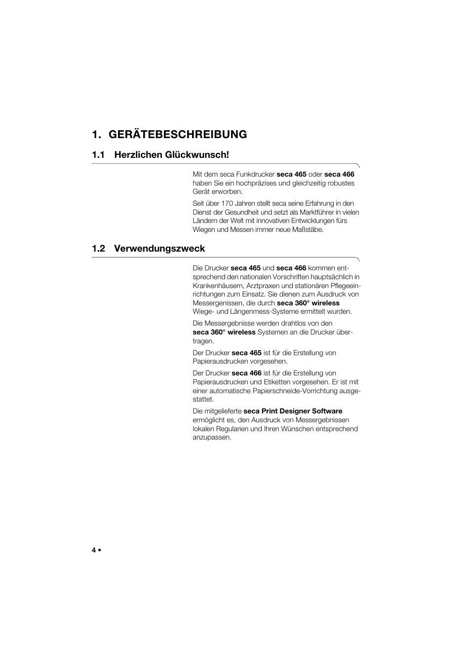 Gerätebeschreibung, 1 herzlichen glückwunsch, 2 verwendungszweck | Seca 466 User Manual | Page 4 / 268