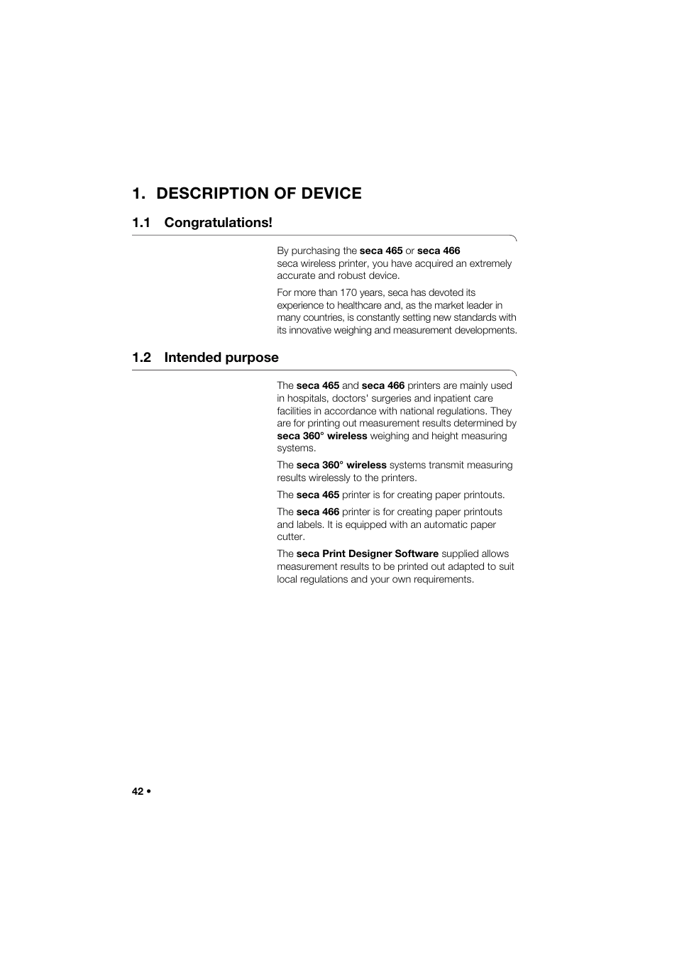 Description of device, 1 congratulations, 2 intended purpose | Seca 466 User Manual | Page 42 / 268