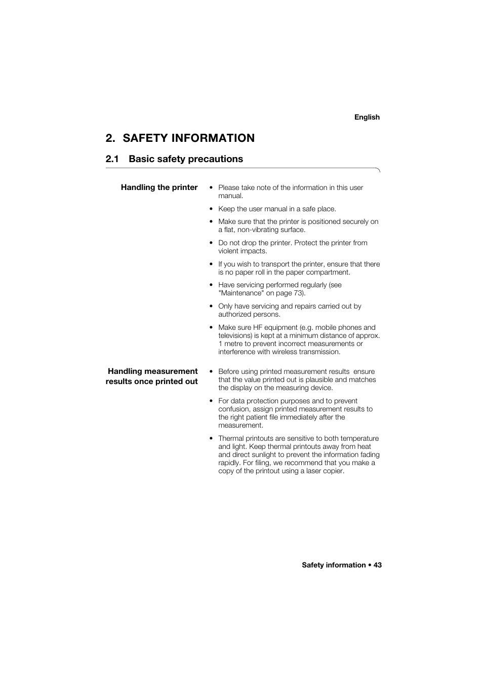 Safety information, 1 basic safety precautions, Handling the printer | Handling measurement results once printed out | Seca 466 User Manual | Page 43 / 268