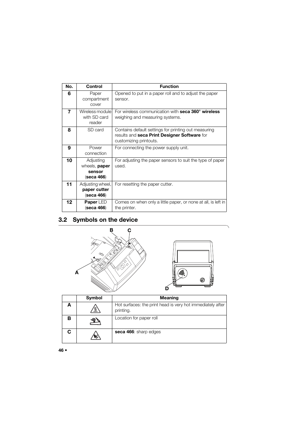 2 symbols on the device | Seca 466 User Manual | Page 46 / 268