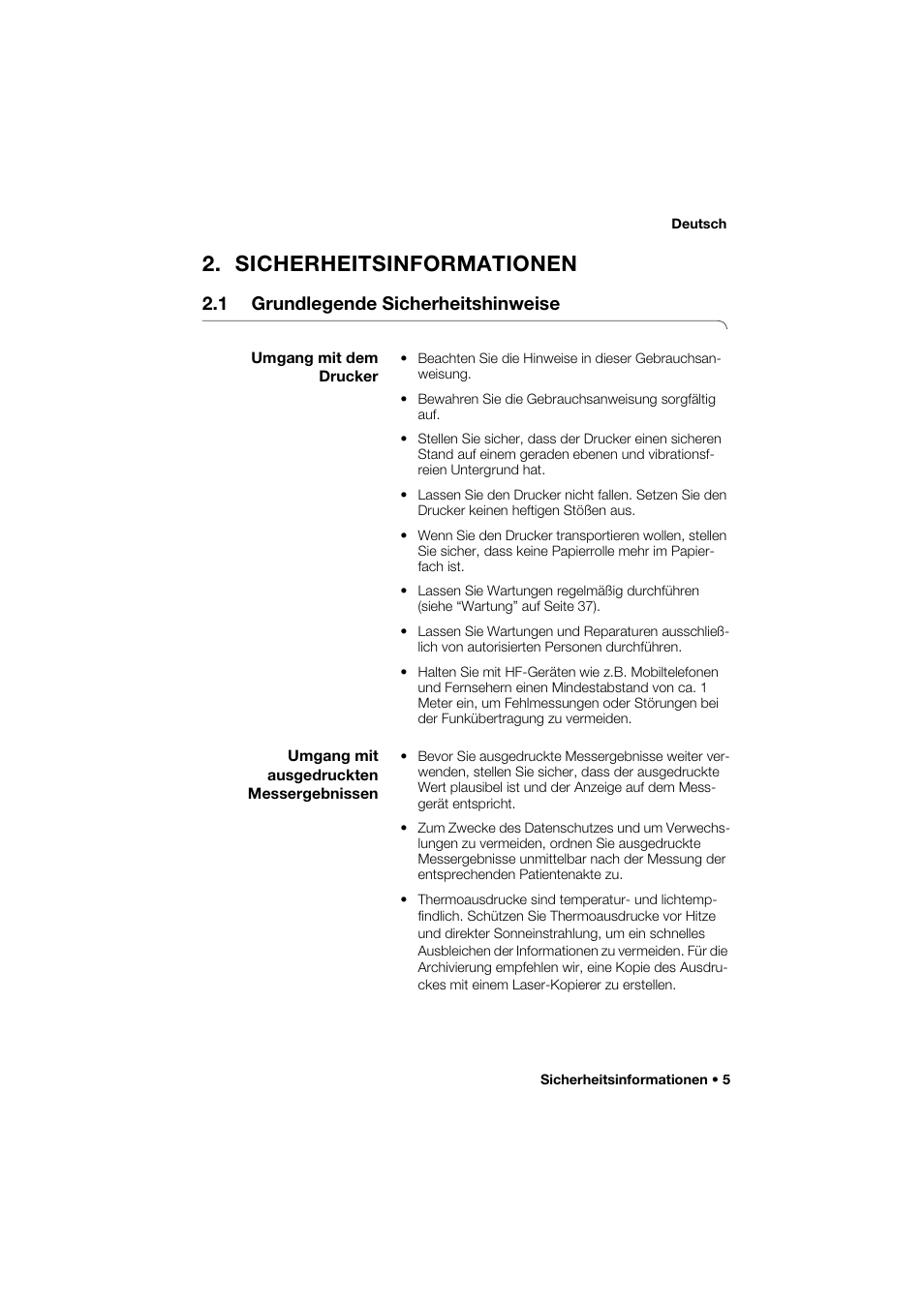Sicherheitsinformationen, 1 grundlegende sicherheitshinweise, Umgang mit dem drucker | Umgang mit ausgedruckten messergebnissen | Seca 466 User Manual | Page 5 / 268