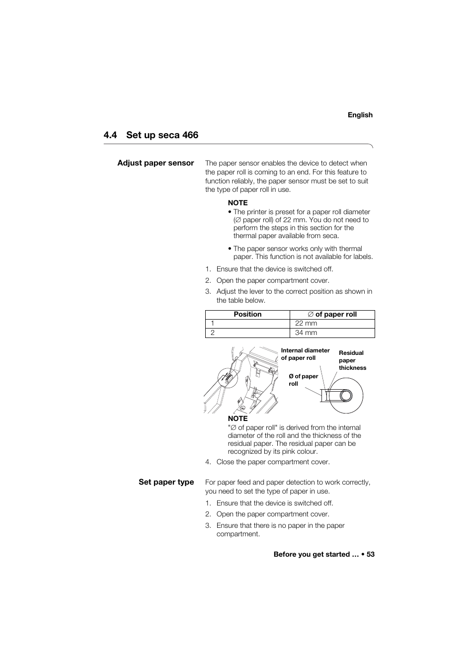 4 set up seca 466, Adjust paper sensor, Set paper type | Seca 466 User Manual | Page 53 / 268