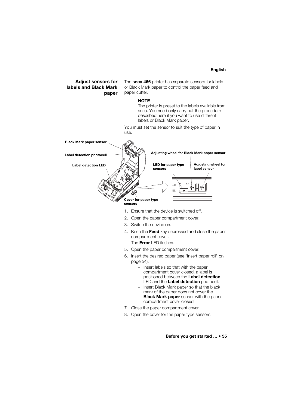 Adjust sensors for labels and black mark paper | Seca 466 User Manual | Page 55 / 268