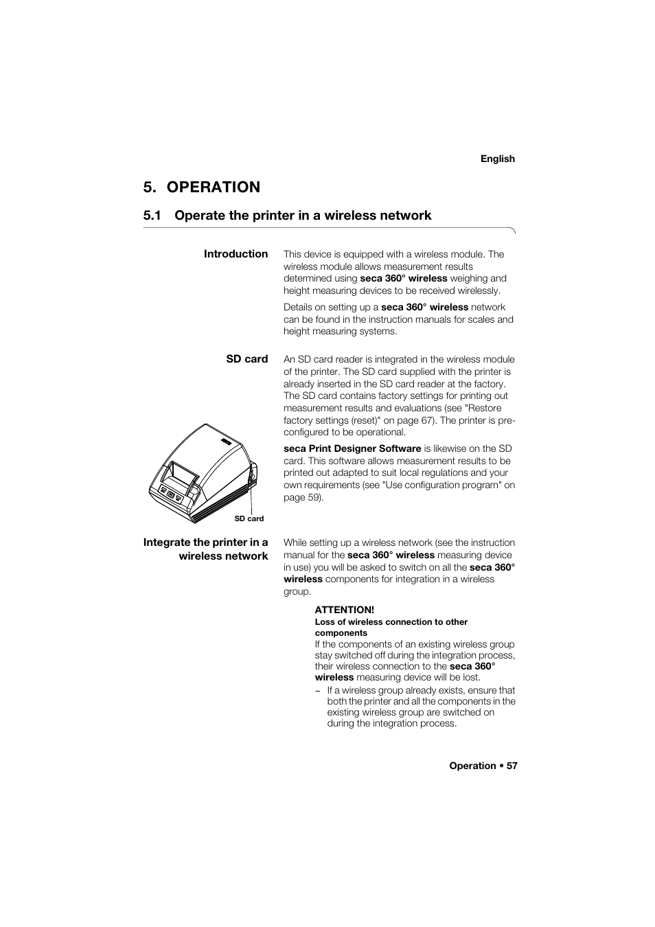 Operation, 1 operate the printer in a wireless network, Introduction | Sd card, Integrate the printer in a wireless network | Seca 466 User Manual | Page 57 / 268