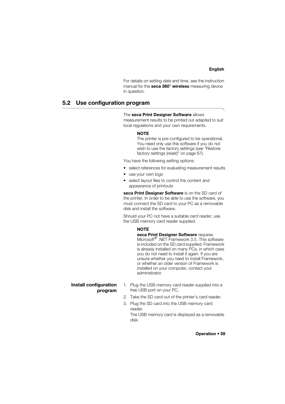 2 use configuration program, Install configuration program | Seca 466 User Manual | Page 59 / 268