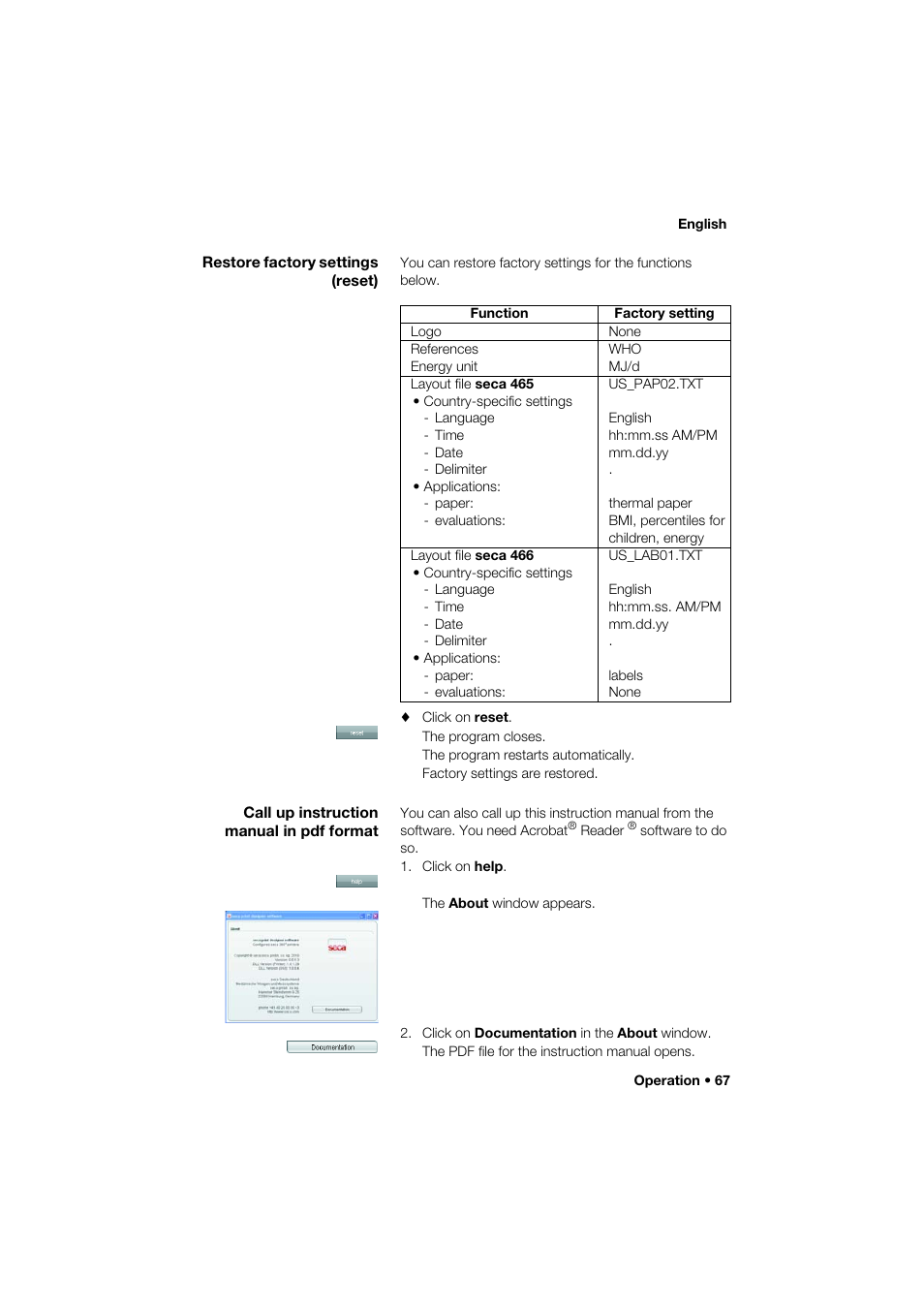 Restore factory settings (reset), Call up instruction manual in pdf format | Seca 466 User Manual | Page 67 / 268
