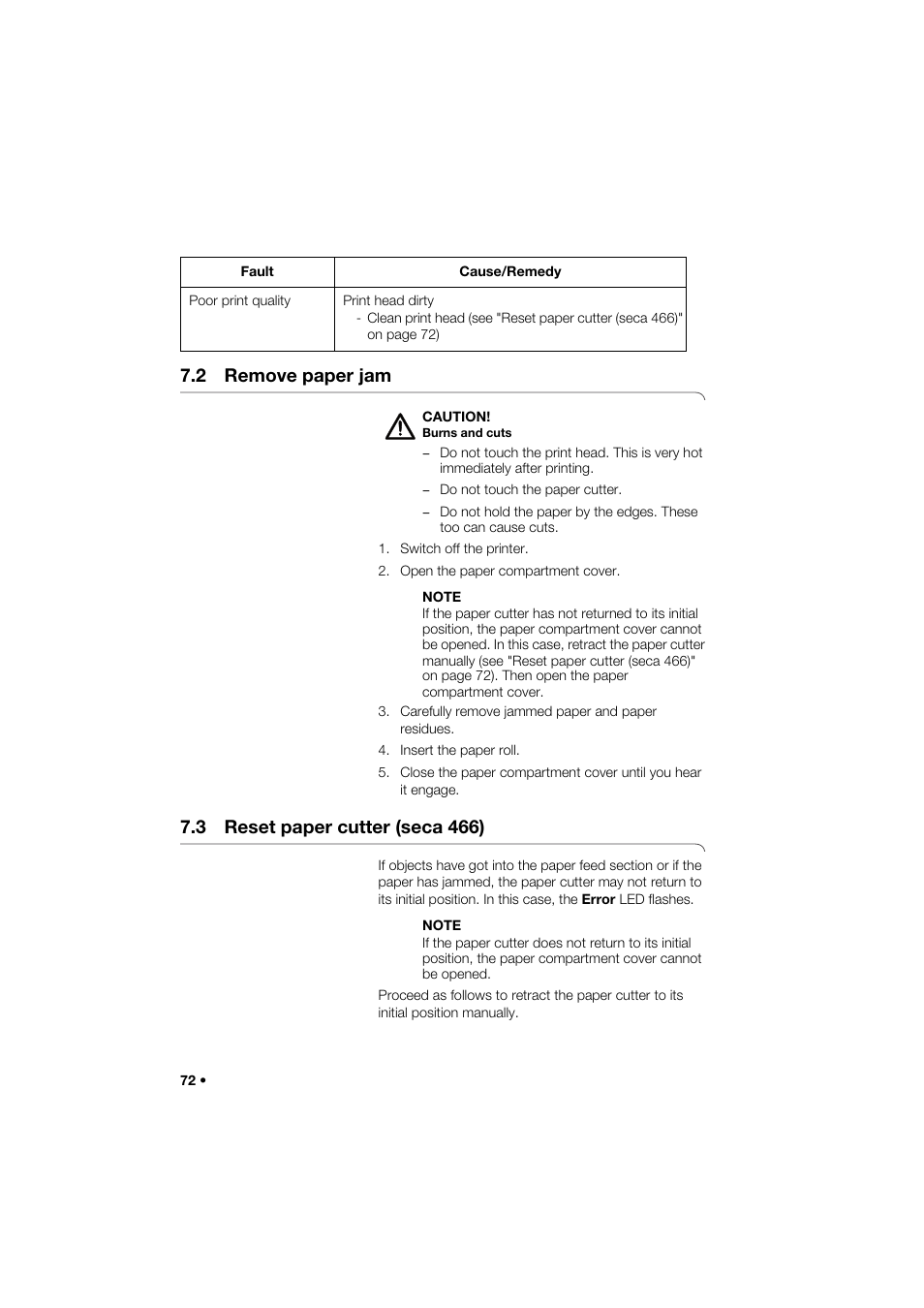 2 remove paper jam, 3 reset paper cutter (seca 466) | Seca 466 User Manual | Page 72 / 268