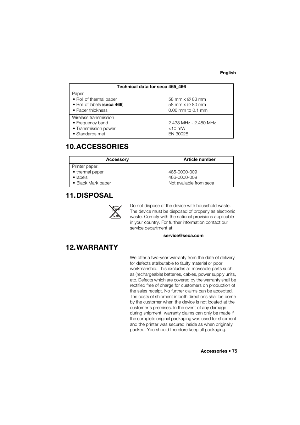 Accessories, Disposal, Warranty | Accessories 11.disposal | Seca 466 User Manual | Page 75 / 268