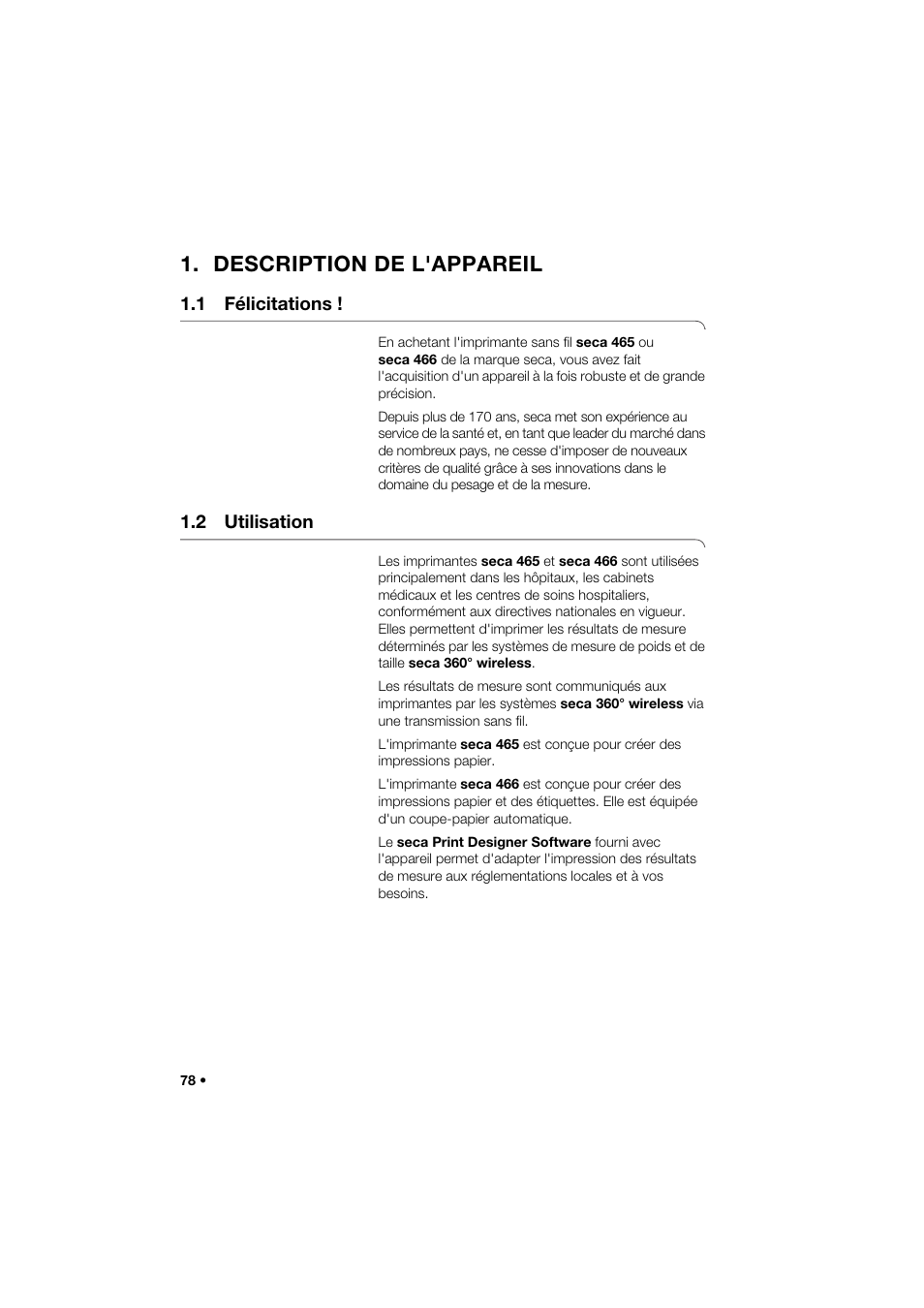 Description de l'appareil, 1 félicitations, 2 utilisation | Seca 466 User Manual | Page 78 / 268
